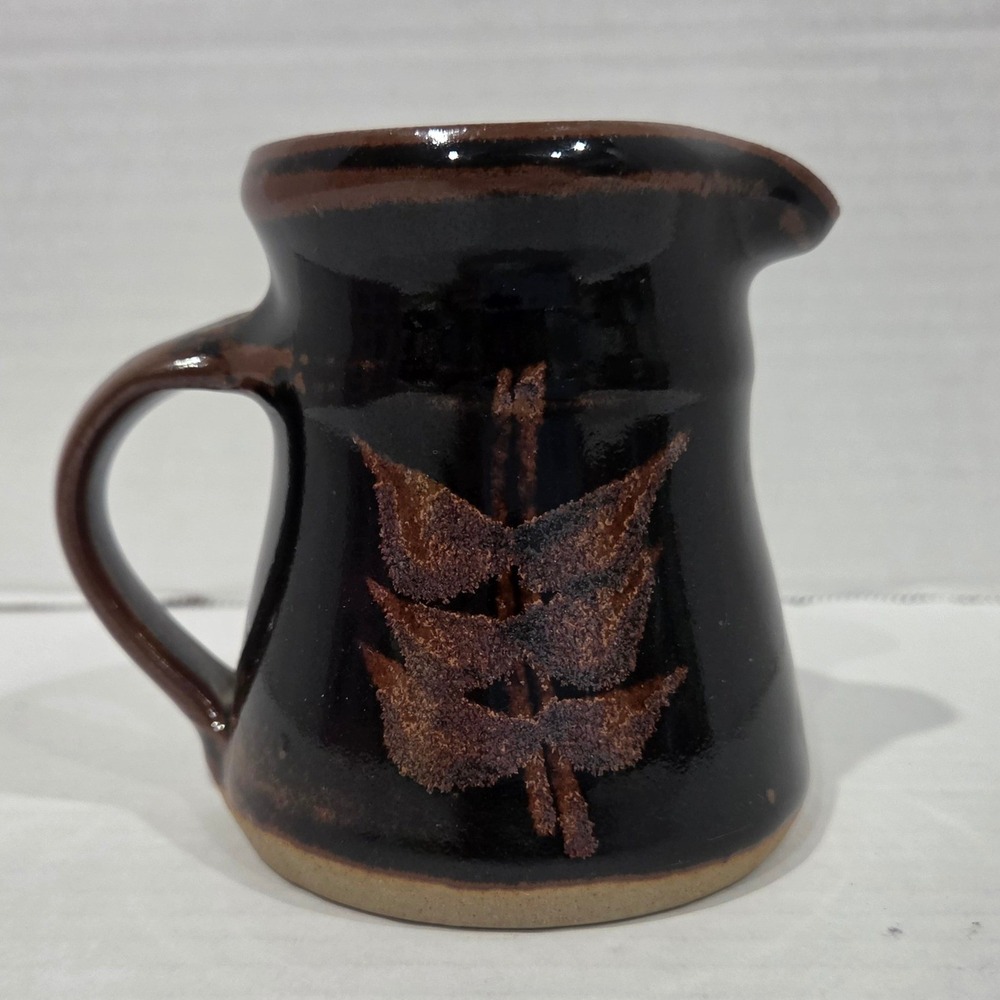 Handmade Studio Pottery Creamer Pitcher Brown Glazed Stoneware Leaf Design